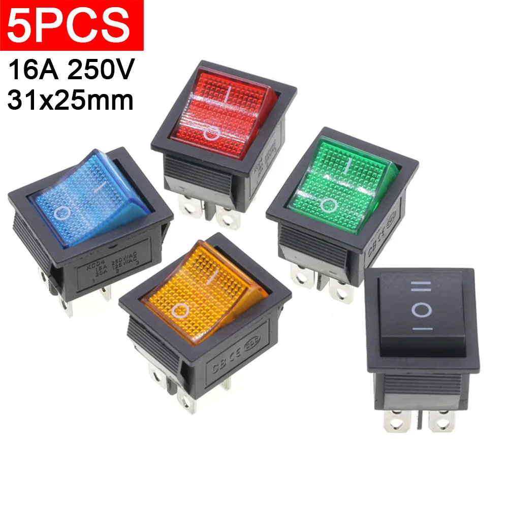 10 pièces KCD4 interrupteur à bascule marche/arrêt 6 broches avec lampe Led marche-arrêt 16A 250VAC 4pin 2 positions 6pin 3 positions interrupteur d'alimentation e/s 31*25mm
