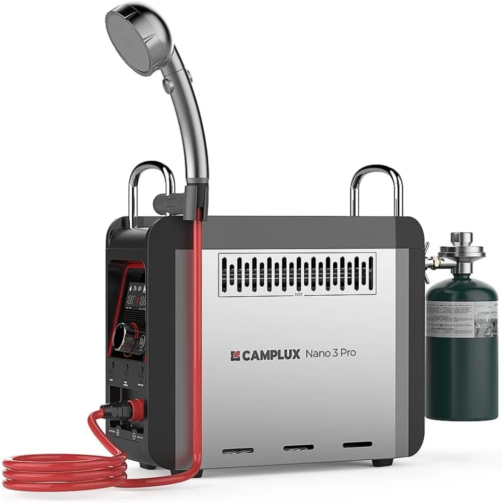 Propane On-Demand Portable Water Heater Nano 3 Pro, Table Top Camp Water Heater & Shower Pump w/Built-in Battery