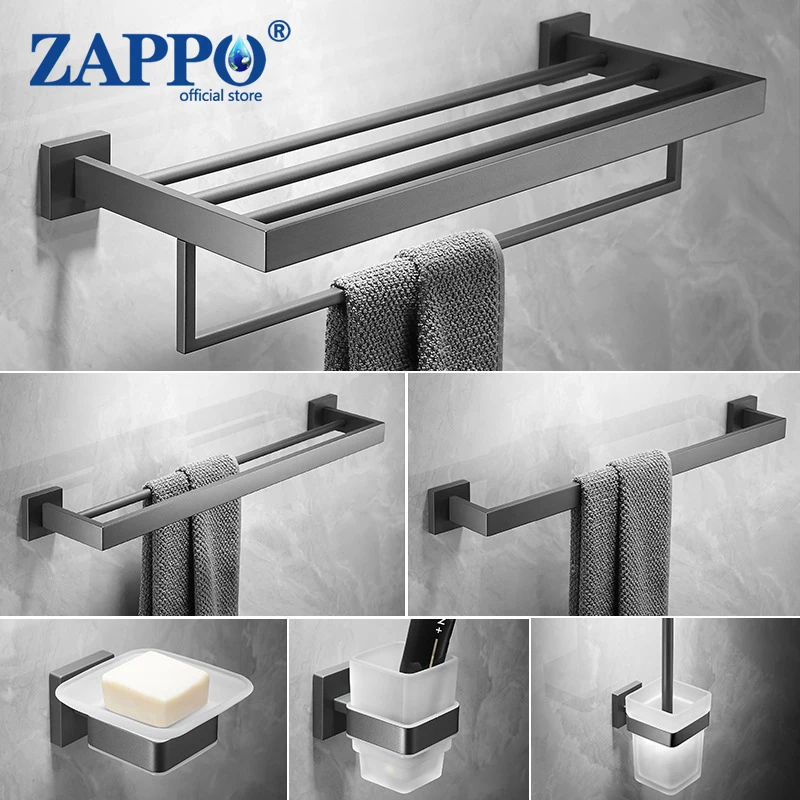 ZAPPO Bathroom Accessories Gray BathroomTowel Bar Rail Paper Holder and Hook 304 Stainless Steel Bath Rack Hanger Hardware Set