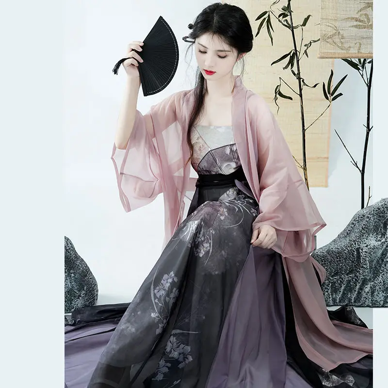Chinese Traditional Hanfu Short Skirt Set Women's Pink Elegant and Sweet Cardigan Hanging Strap Short Skirt Three Piece Suit