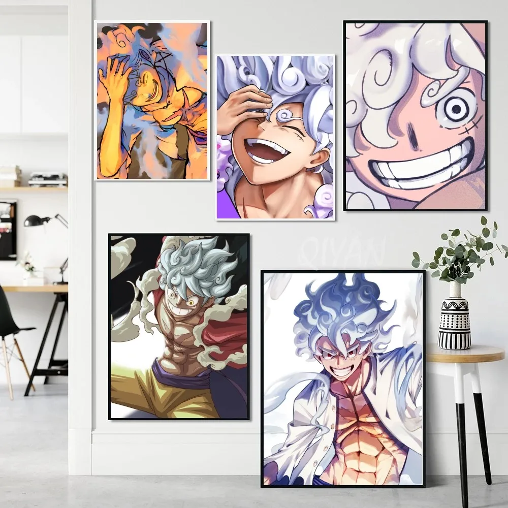 Anime Poster Self-adhesive Art Waterproof Paper Sticker Coffee House O-One-Piece Luffys Sun God Nika Bar Room Wall Decor