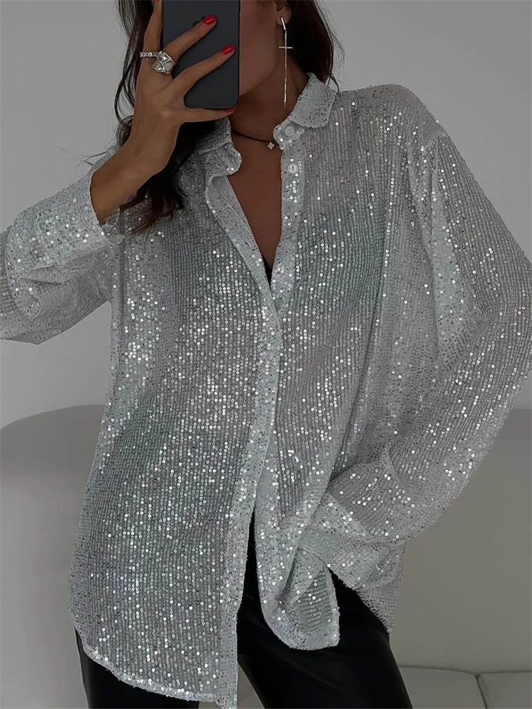 Tossy Sequin Loose Fashion Shirts Female Casual Lapel Cardigan Summer Clothes New Outwear Glitter Party Blouse Luxury Women\'s