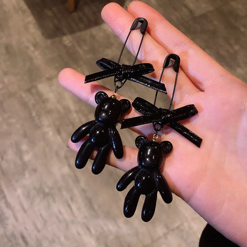 925 Silver Needle Black Bear Earrings Woman Leather Bow 2022 Pin Chain Drop Cute Punk Rock Girl Fashion Jewelry Accessories