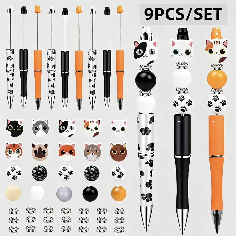 9Pcs Kawaii Cat Themed Beadable Pen Set with Cat Head & Paw Print Beads DIY Pen for School Office Journaling