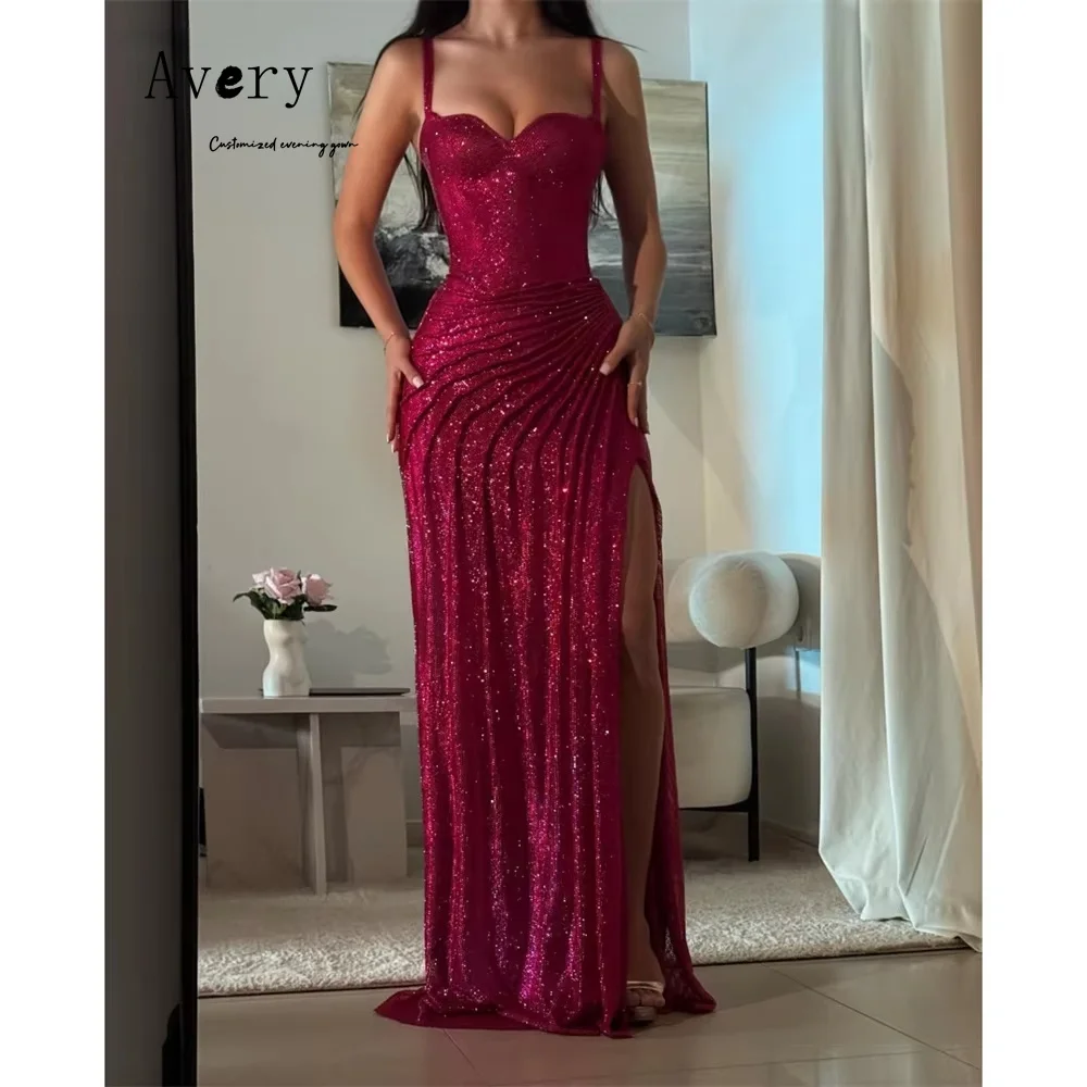 

Avery Custom Red Shiny Side Slit Spaghetti Straps Prom Dresses Luxury 2025 Elegant Party Evening Dress 2025 Women's Ball Gown