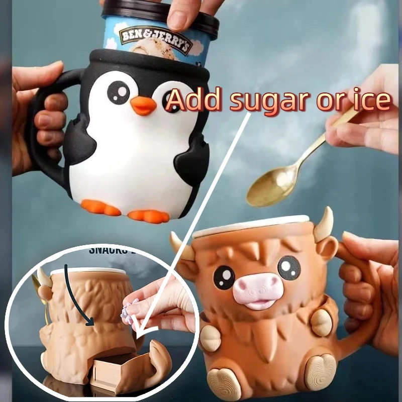 New Creative Cute Cow Cup Cow Shaped Ice Cream Cup With Snack Drawer And Handle High Beauty Reusable Mug  Birthday Present