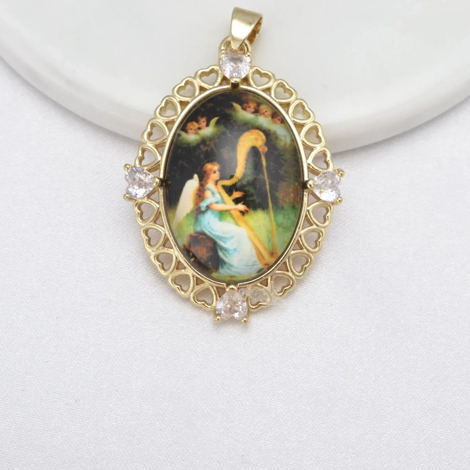 8 Pcs Jesus Virgin Mary Pendant DIY Necklace Jewelry Making Heart Hollow Gold Rim Oval Accessories Christian Brass Plated Charms