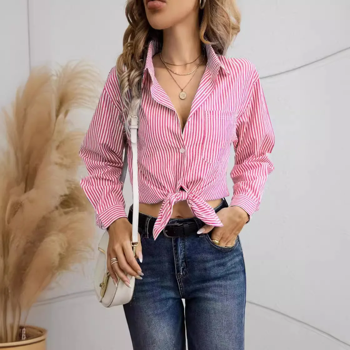 

Лето 2025: рубашки и блузки camisas de mujer, полосатая рубашка с длинными рукавами и лацканами, модная приталенная рубашка camisas, женская одежда