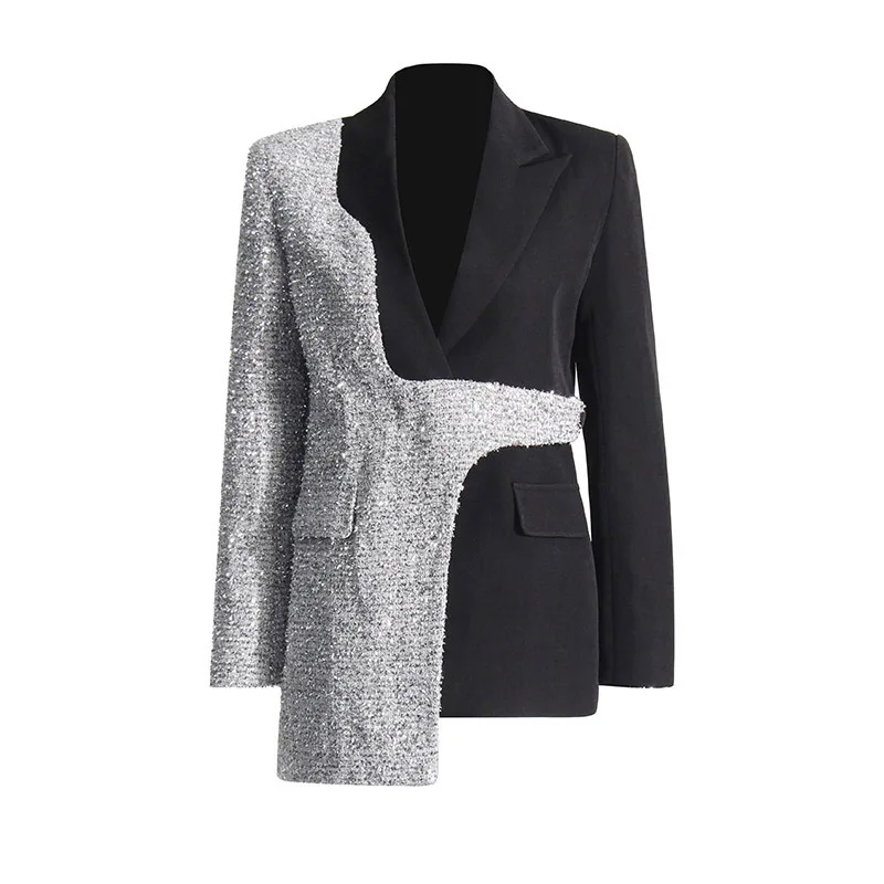 HKSH temperamento Oficina señora estilo Blazer 2024 Otoño Invierno solapa nueva contraste Color empalmado chaqueta de retazos irregulares HK3107