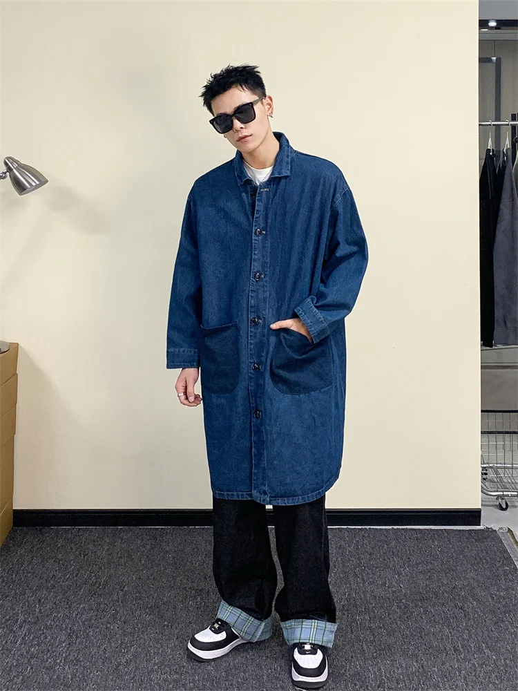 

Casual Mid-Length Men's Denim Jaet Oversize Knee-Length Splicing ket Trendy Workwear Coat Loose Fit Autumn Outerwear