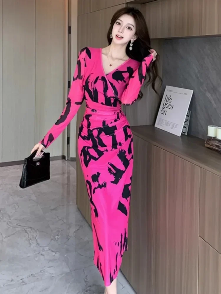 Topenomi Fashion Print Mesh Long Sleeve Party Dress Women French Sexy V Neck High Waist Temperament Slim Evening Long Robe Gown