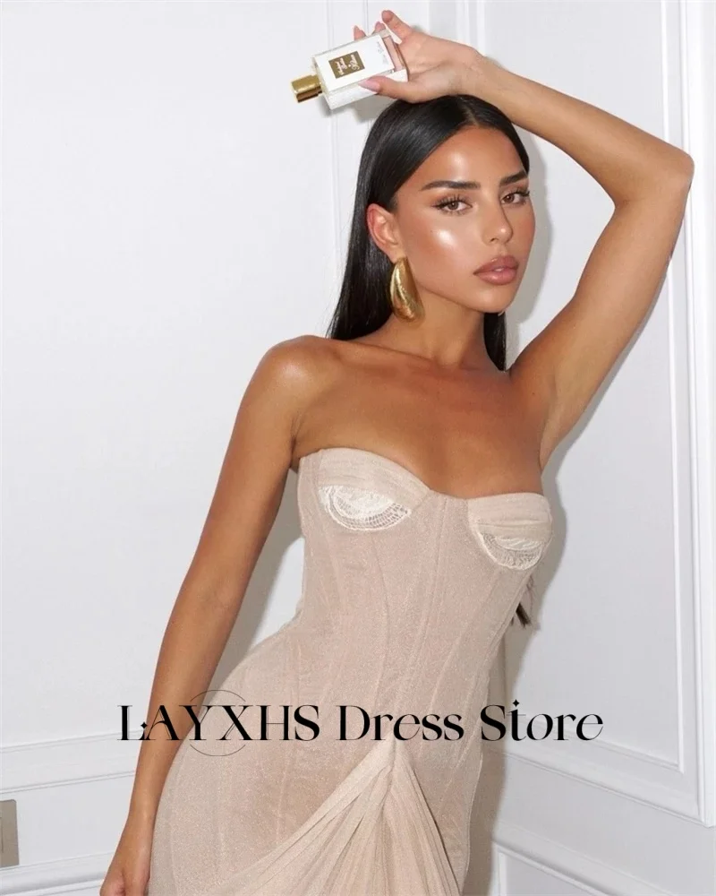 LAYXHS فساتين سهرة بسيطة على شكل قلب وردي حورية البحر بدون أكمام بطول الأرض مطوي فساتين لحضور الحفلات الموسيقية مخصصة Fساتين Shicher