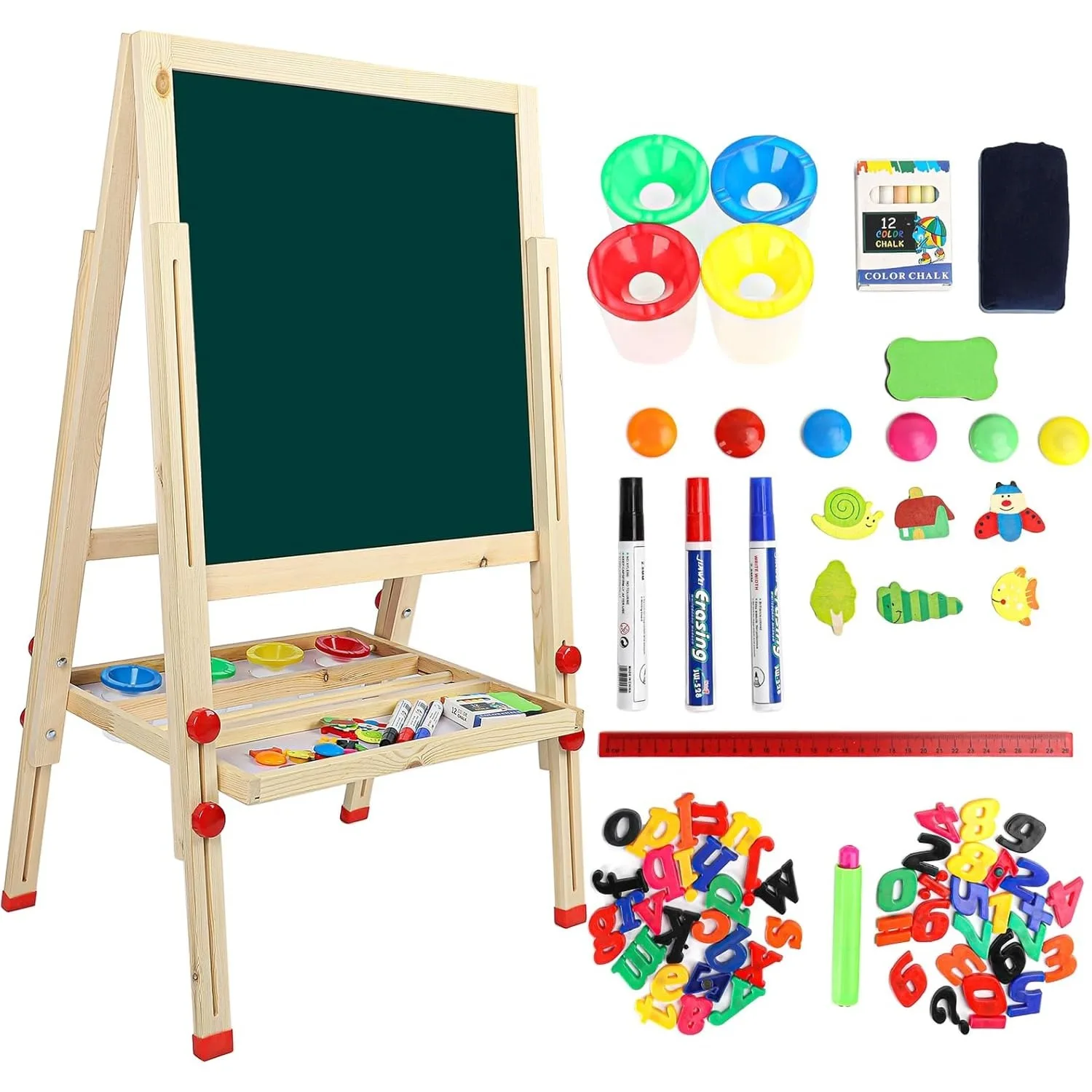 Kids Wooden Art Easel A, Double-Sided Height Adjustable Painting Blackboard with Magnetic Accessories Chalk and Sponge for Kids