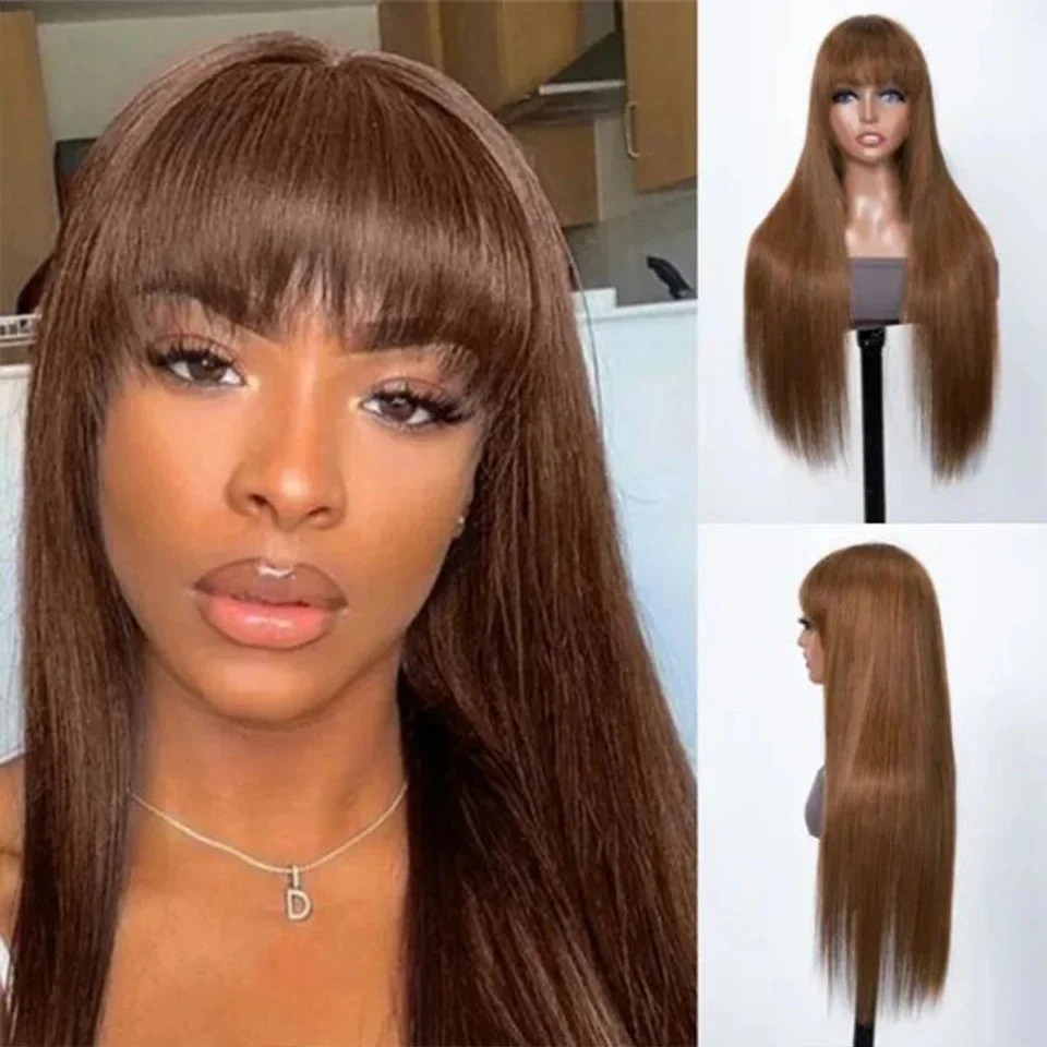 Chocolate Brown Straight Lace Front Human Wig With Bangs Glueless 13x6 HD Lace Frontal Colored 4# Cheap Hair Wigs With Bang 180%