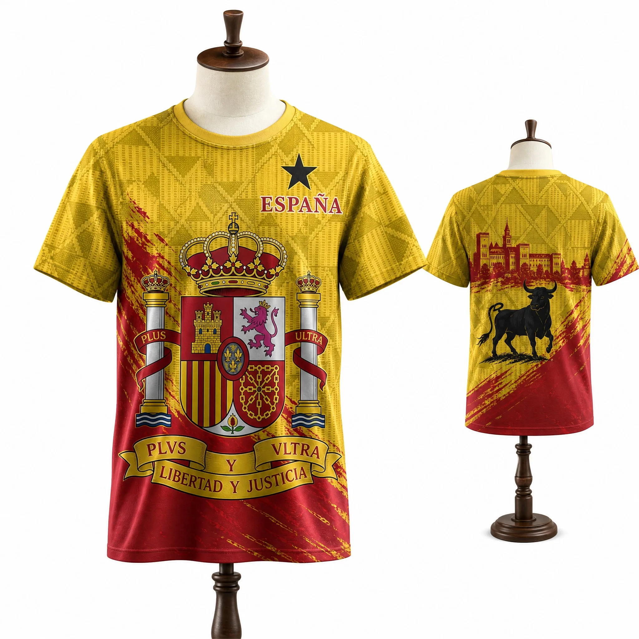 Mens Crew Neck Short Sleeve Spain Crest Graphic T Shirt Yellow Geometric Print Bull Back Design Breathable Casual Summer Top Tee