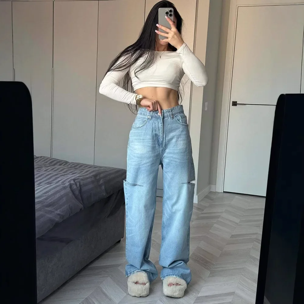 

American-style Retro Light Blue Washed Plaid Girl's High-waisted Loose-fitting Slimming Frayed Floor-length Pants mom jeans