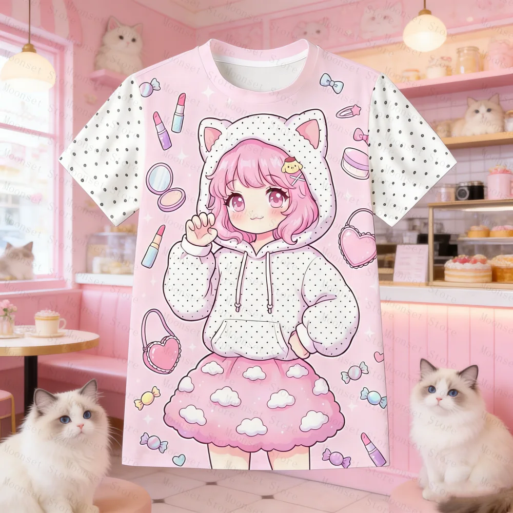 

Kawaii Cat Ear Girl Print T-Shirt for Women Cute Cartoon Anime Graphic Tee Polka Dot Sleeve Casual Tops for Kids Teen Girls