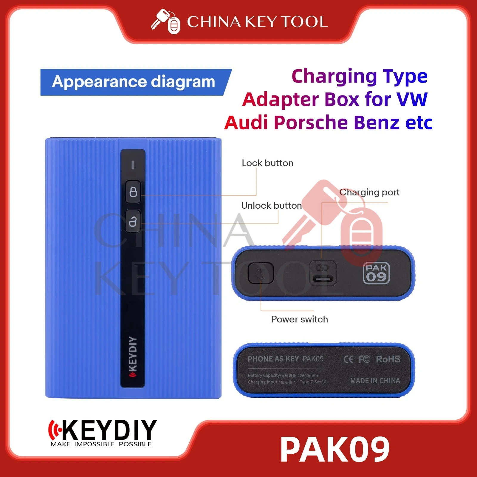 KEYDIY PAK09 Phone As Key Charging Type Adapter Box for VW Audi Porsche Benz etc