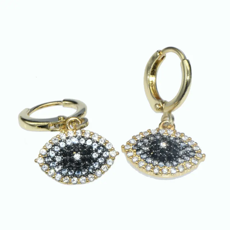 Color Remain Black Gold Double Plated Copper Black White CZ Paved Evil Eye Dangle Clip On Hoop Earrings for Women