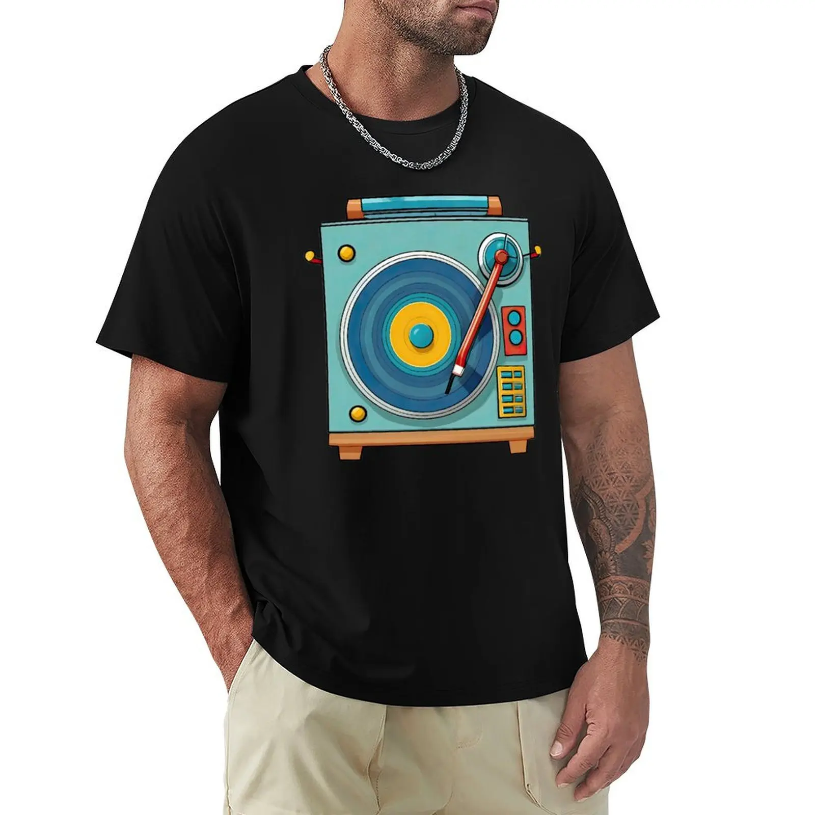 

Blue Vinyl Record Player T-Shirt anime stuff summer shirt cotton graphic tees Aesthetic clothing slim fit t shirts for men