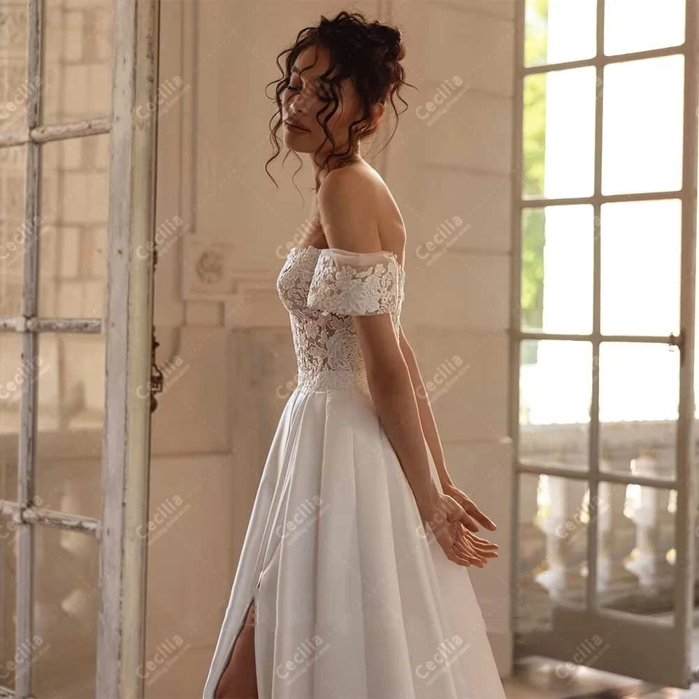 Glamorous Wedding Dresses Satin Bridal Gowns Off The Shoulder Robes Backless Sexy High Slit Dress Customized Vestidos De Novia