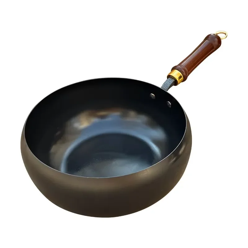Hand Forged Iron Pan Traditional Big Belly Wooden Handle Uncoated Non Stick Flat Bottom Eco Friendly Cookware 1L Capacity