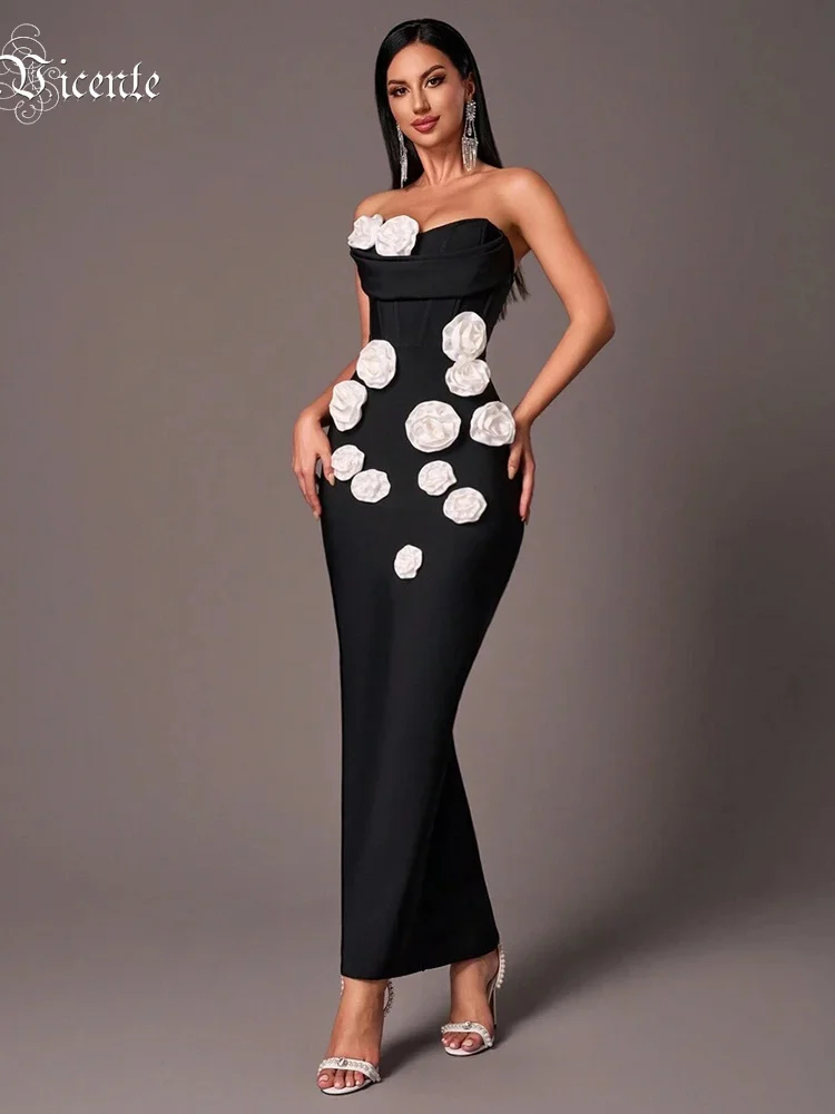 

VC Black Strapless Structured White Flowers Bandage Long Dress Floral Corset Sleeveless Bodycon Party Evening Gowns Vestidos