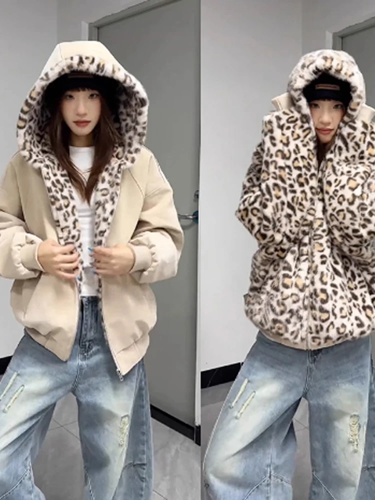 

Мужская двусторонняя шуба с леопардовым принтом Mountain Hawk Jaet Thiened Floing Inteed из искусственной кожи, зимняя теплая хлопковая шуба...