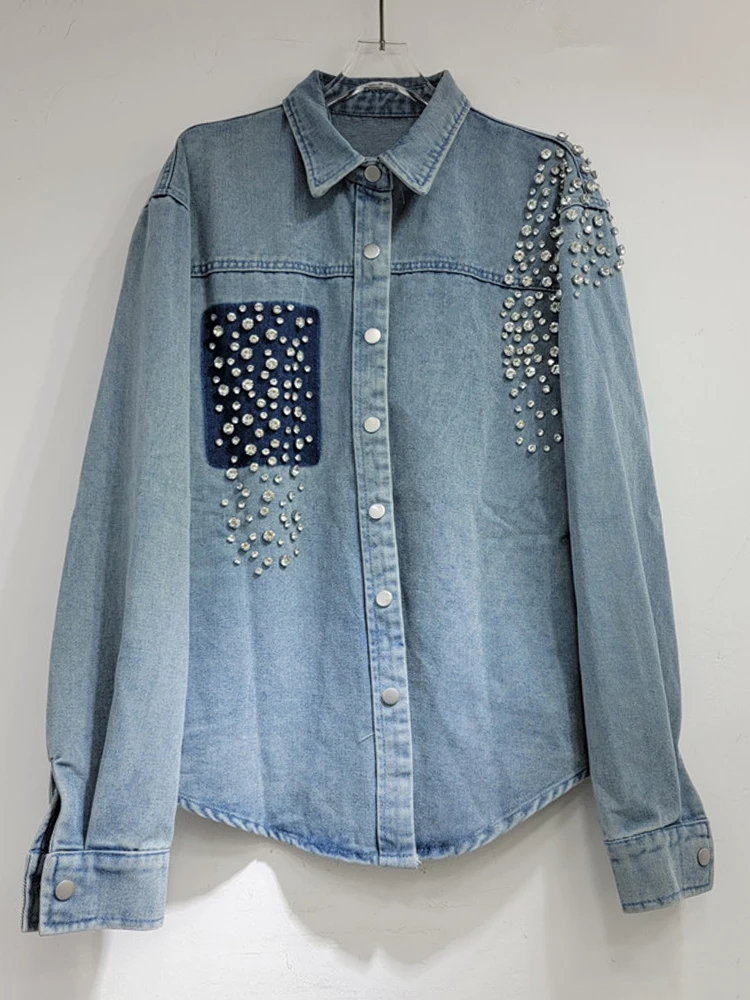 [EWQ] High Street Diamond Irregular Wash Denim Jacket Fashion All Match Loose Long Sleeve Coat Women 2024 Spring Autumn 16U7982