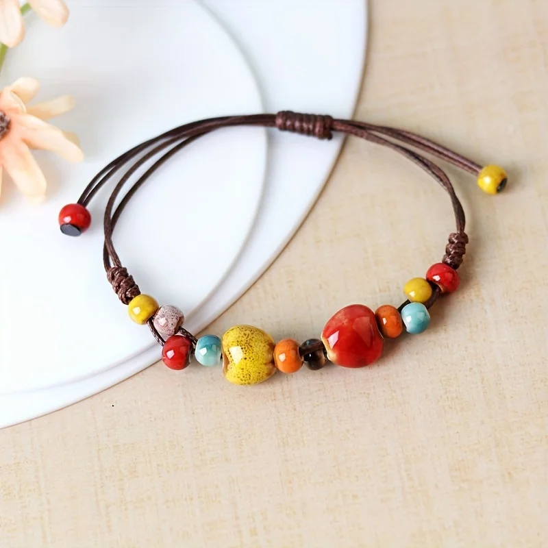 Colorful Love Heart Charm Bracelet, Retro Traditional Chinese Ethnic Style Colorful Ceramic Bead Bracelet Jewelry Accessories