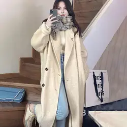 Women Fashion Woolen Long Trench Coat Autumn/Winter Lapel Long Sleeve Double Breasted Coat Loose Solid Color Simple Street Jacke