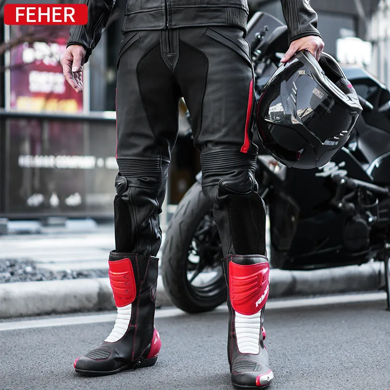 Ffeher Motorcycle Riding Pants, Motorcycle Anti Fall And Wear-Resistant Leather Pants Motorcycle Winter Waterproof Cowhide Warm