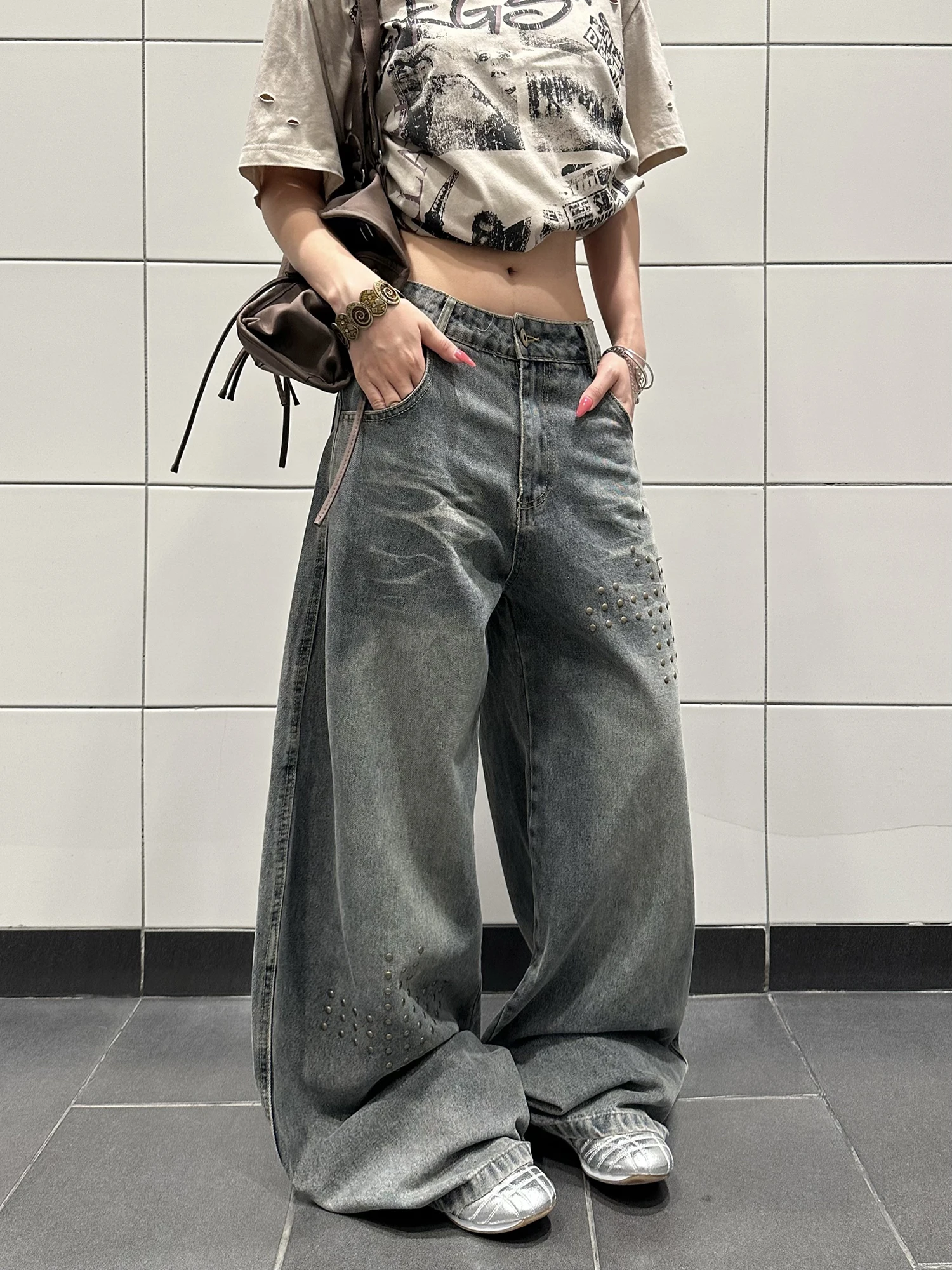 

Ретро-джинсы американского стиля с эффектом потертости, прямые, широкие, модные, длинные брюки для женщин, уличный стиль, естественная талия, застежка на пуговицах