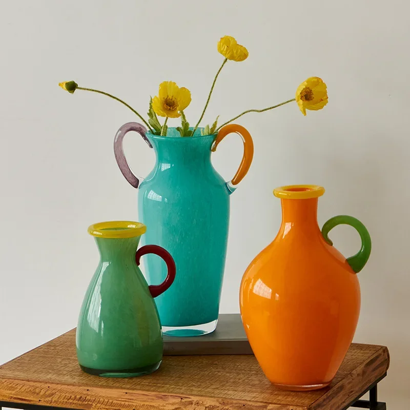 Stained Glass Vase Vintage Binaural Handle Flower Vase Floral Arrangement Accessories Terrarium Home Decoration Accessories