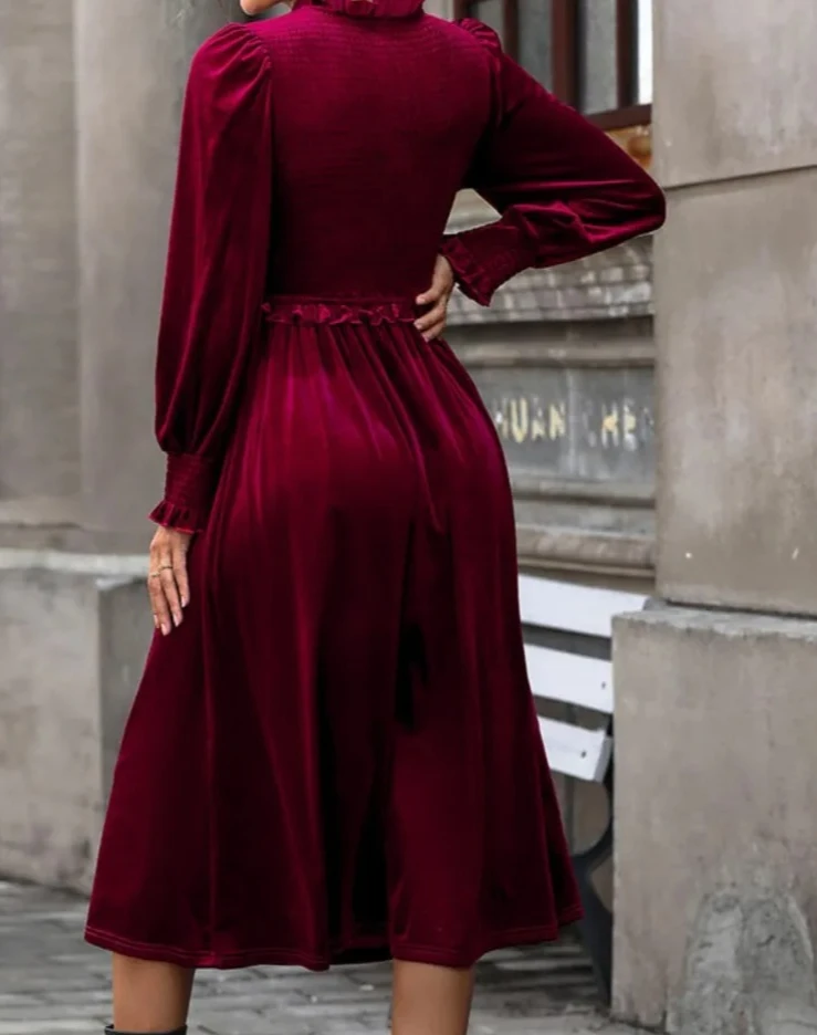 Outono/inverno vermelho veludo com decote em v vestido longo vintage vestidos de baile cintura alta elegante outgoning vestido de festa à noite