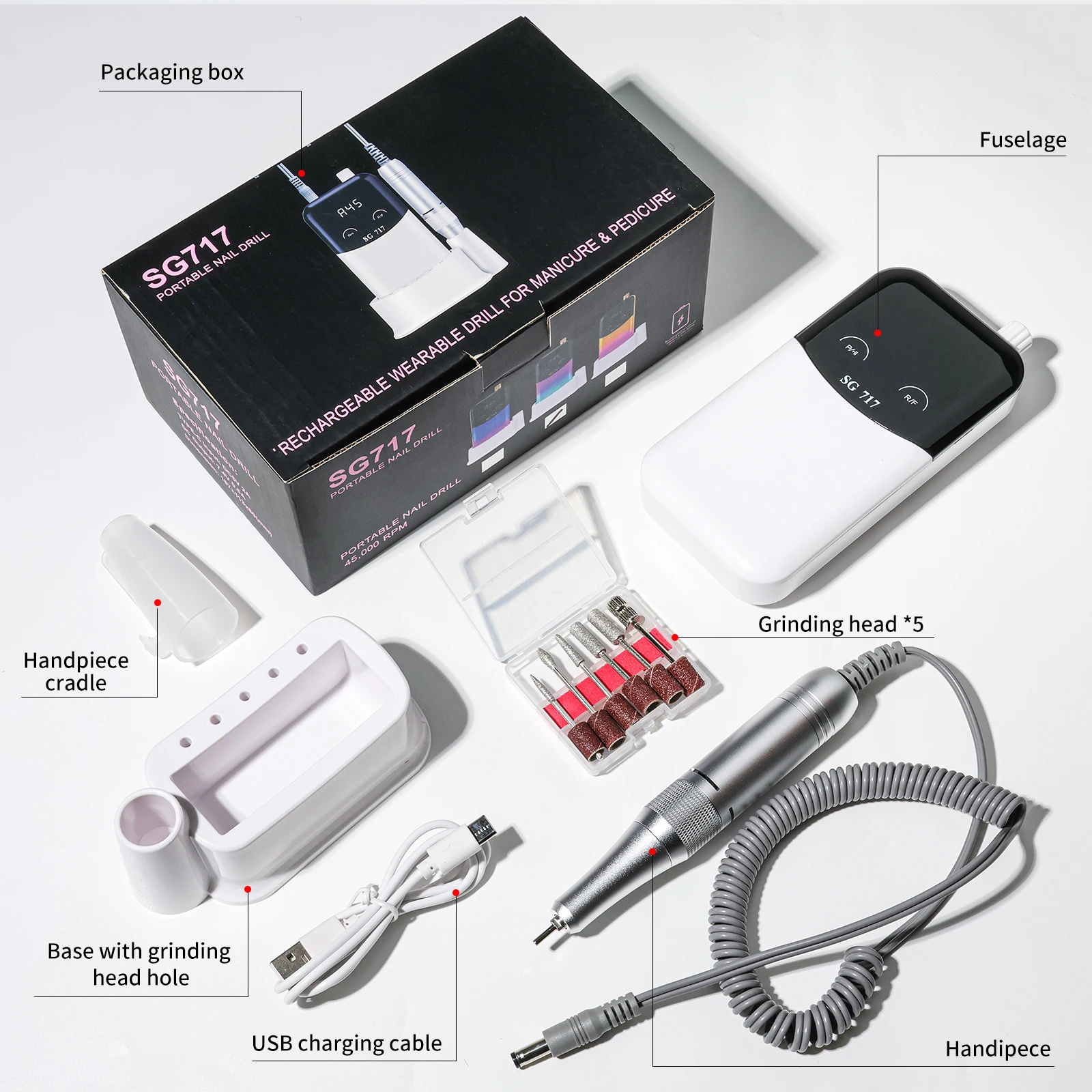 45000RPM 전기 네일 파일 전문 네일 폴리싱 머신 매니큐어 살롱을위한 충전식 저소음 네일 샌더 파일