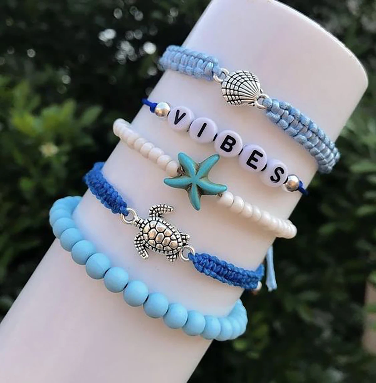 6 Pcs/Set Summer Starfish SUN Letter Blue Sea Ocean Breeze Imitation Turquoise Beaded Bracelet Women Holiday Seaside