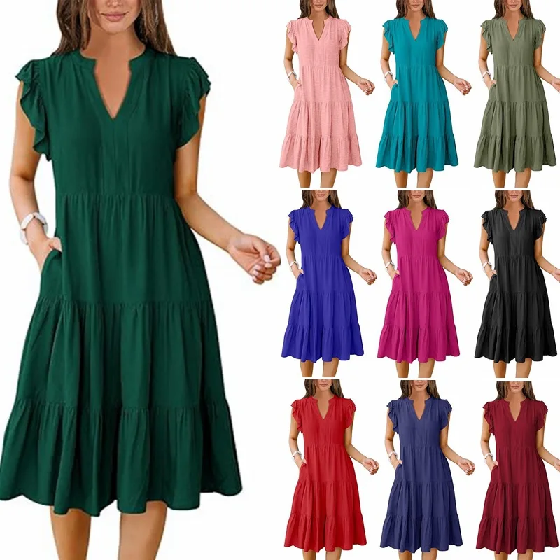 Casual V-neck Midi Dress with Pocket Pleated Sleeve Floral Splicing Loose Waist Polyester Fabric for City Commuting Daily Use