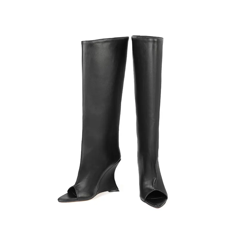 2026 Boots Women's Shoes Beige Suede Over The Knee Boots Peep Toe Wedge Heel Slouchy Design Elegant Fall Winter Dressy Footwear