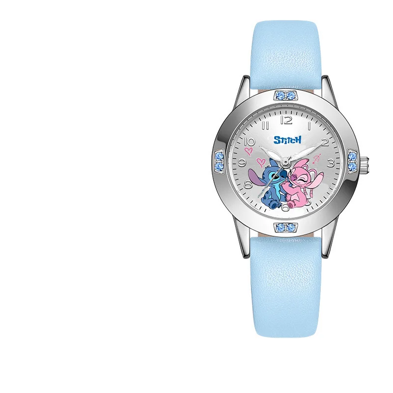 Miniso Disney Stitch Girl's Watches Diamond Quartz Watch for teens Stich Cartoon Leather Wristwatches Fashion Steel Belt Watch