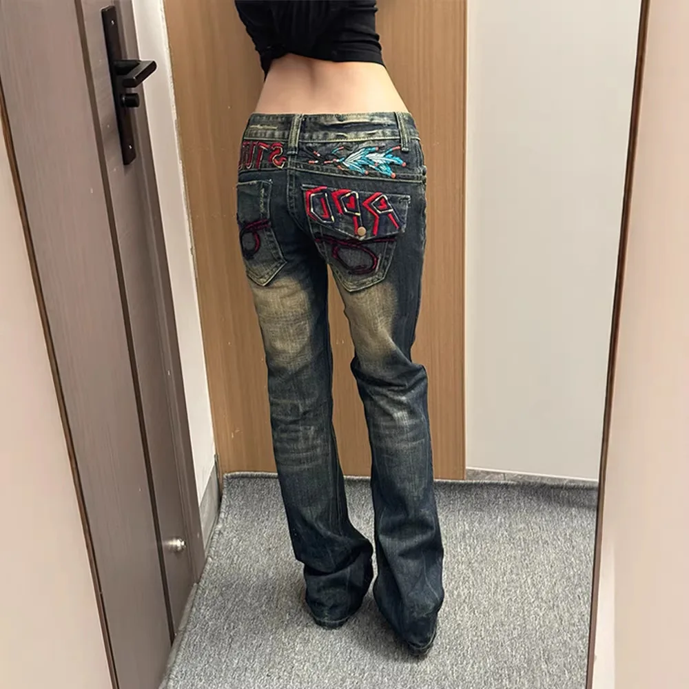 Women's Jeans American Spice Girl Subculture Old Jeans Children Vintage Design Sense Heavy Industry Embroidery Low Waist Trouser