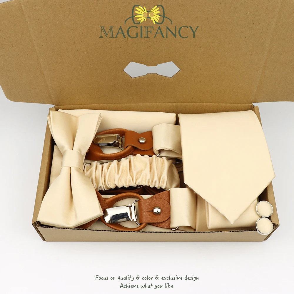 MAGIFANCY 5 قطعة الحمالة 8.5cmTie مجموعة الملونة الصلبة 3.5 سنتيمتر هدفين الرجال البوليستر حكيم السلمون الوردي الزفاف اليومي ملحق هدية