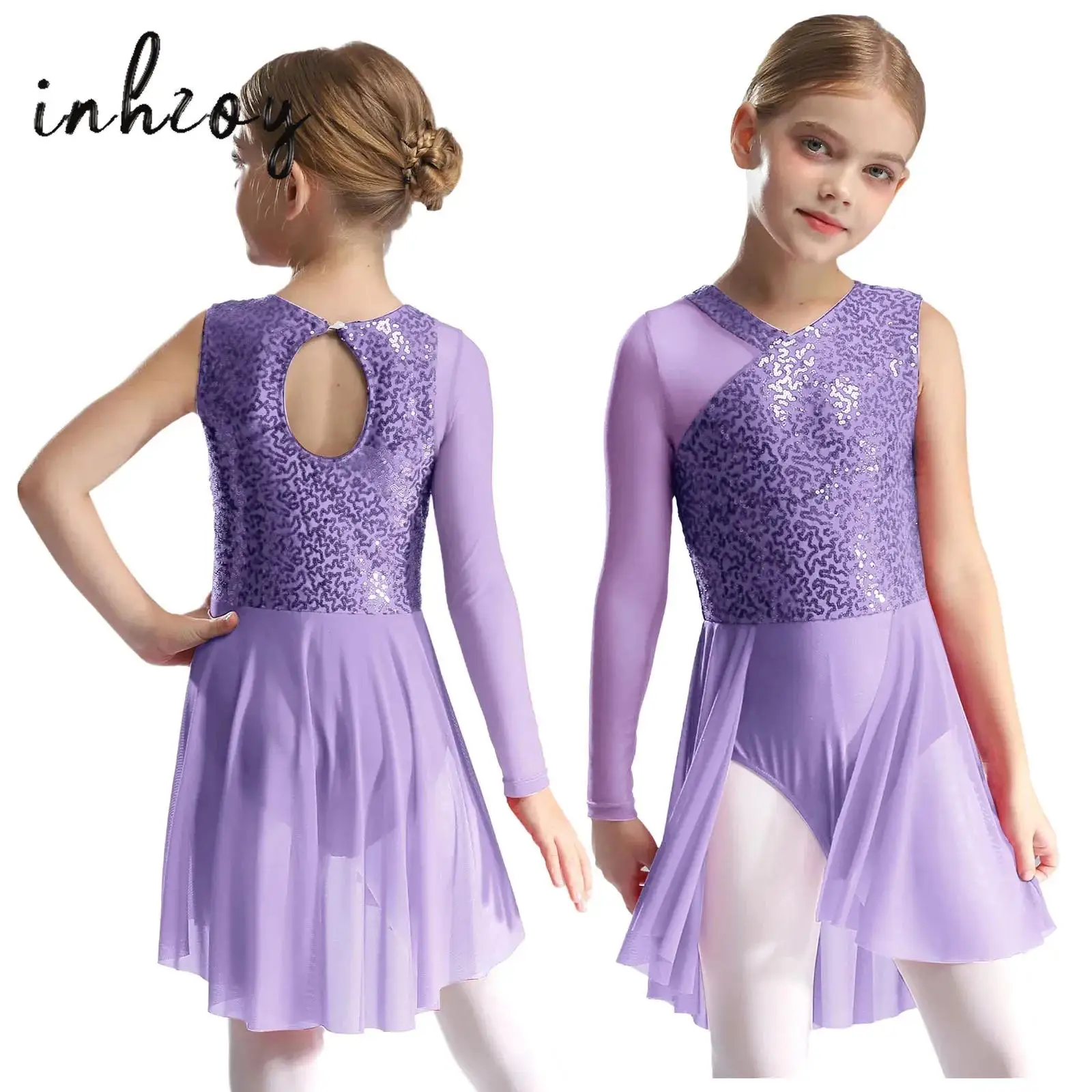 

Kids Girls Modern Lyrical Dance Dress Sequins One Shoulder Long Sleeve Mesh Skirt Leotard Skating Ballet Gymnastics Dancewear