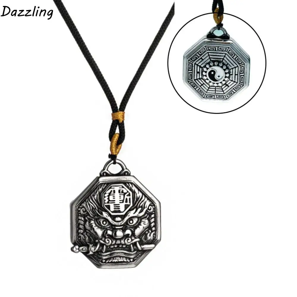 Geometric Yin Yang Tai Chi Gossip Necklace Charm Two-sided Domineering Lion Pendant Retro Vintage Eight Diagrams Necklace Unisex