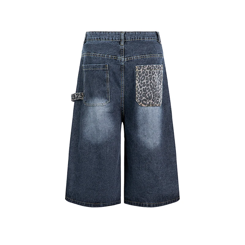 Celana Pendek Pakaian Kerja Denim Sambungan Motif Macan Tutul Celana Capri High Street Amerika Baru Musim Panas Pria Celana Panjang Fashion Longgar Kasual