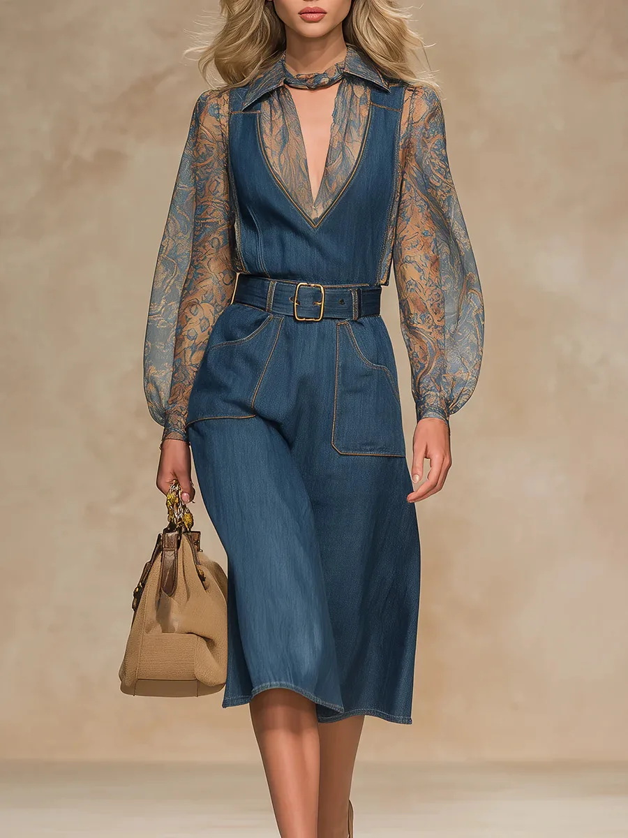 

Vintage Denim Look Midi Dress Women's Long Sleeve Patchwork Print Chiffon Shirt Dress With Belt Elegant Party Highstreet Dress