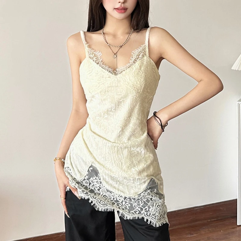 

Lace Patchwork V-Neck Camis Women Y2K Summer Sexy Spaghetti Straps Sleeveless Tank Korean Fashion Irregular Female Vest