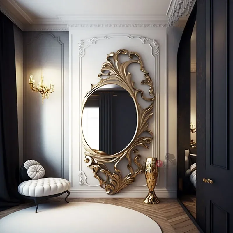 

European Retro Full-Length American Carved Hallway Dressing Home French Villa Living Room Hanging Wall Decorative Mirror