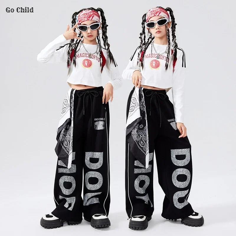 Girls Hip Hop Crop Top Letter Joggers Pants Boys Streetwear Sweatshirts Kids Jazz K-pop Costumes Child Street Dance Clothes Sets