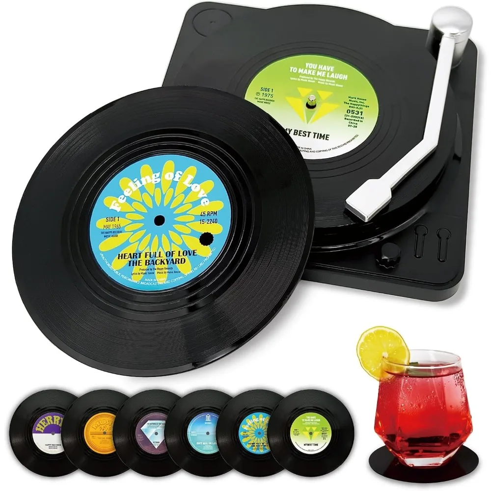 

Funny Retro Vinyl Record Coasters, Creative Drink Coasters Set Of 6 With Vinyl Record Player Holder For Music Lovers